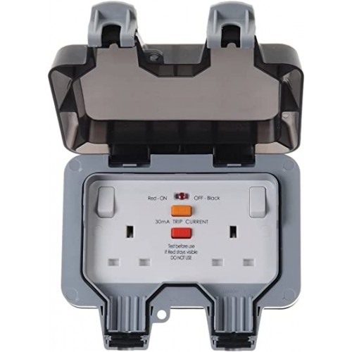 BG Electrical WP22RCD-01 Double Weatherproof Outdoor Switched Power Socket with Latching RCD, IP66 Rated, 13 Amp