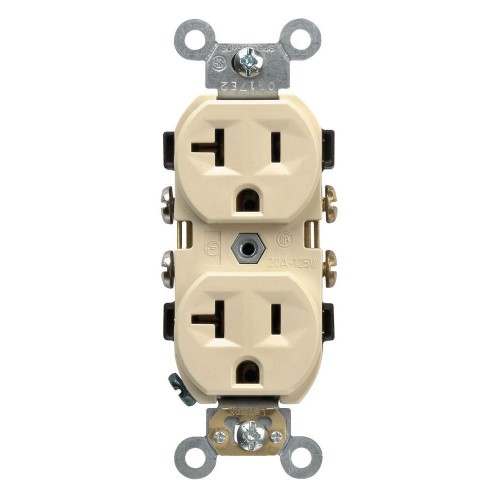20 Amp, 250 Volt, NEMA 5-20R, 2P, 3W, Narrow Body Duplex Receptacle, Straight Blade, Commercial Grade, Self Grounding, Side Wired, Steel Strap - IVORY